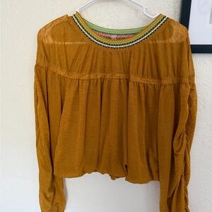 Free People  Mustard Top with Embroidered Neckline